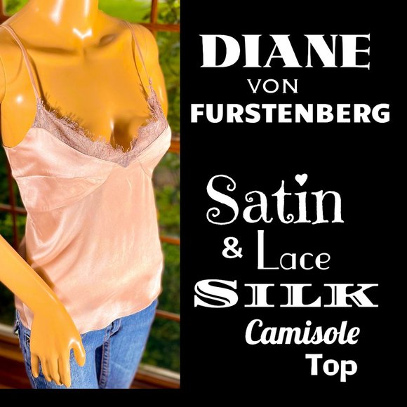 Diane Von Furstenberg Tops - ▪️DVF▪️Blush & Grey Satin & Lace Silk Camisole Top